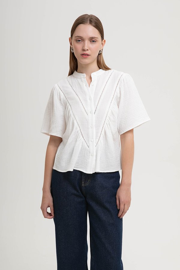 KEIYA BUTTONDOWN LACE TRIM MUSLIN TOP