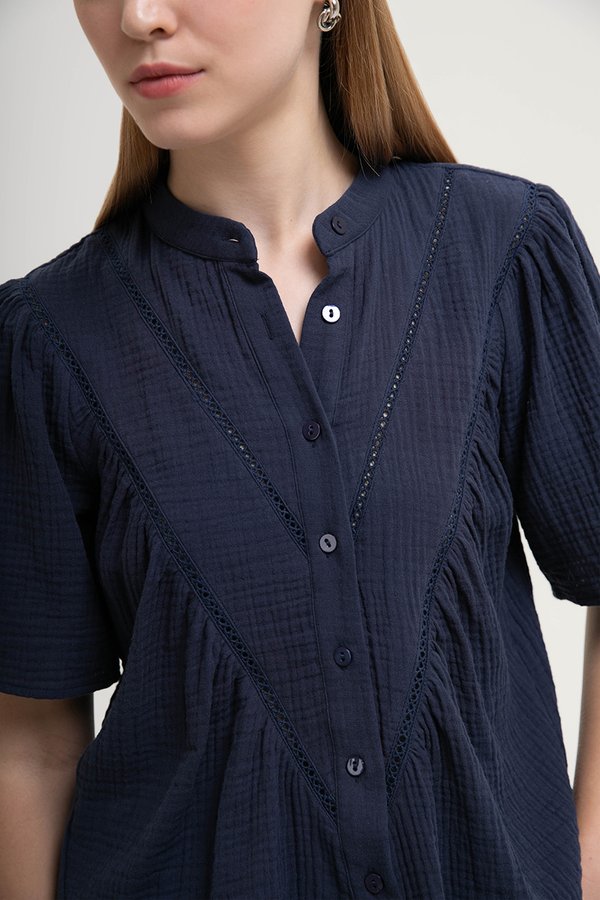 KEIYA BUTTONDOWN LACE TRIM MUSLIN TOP