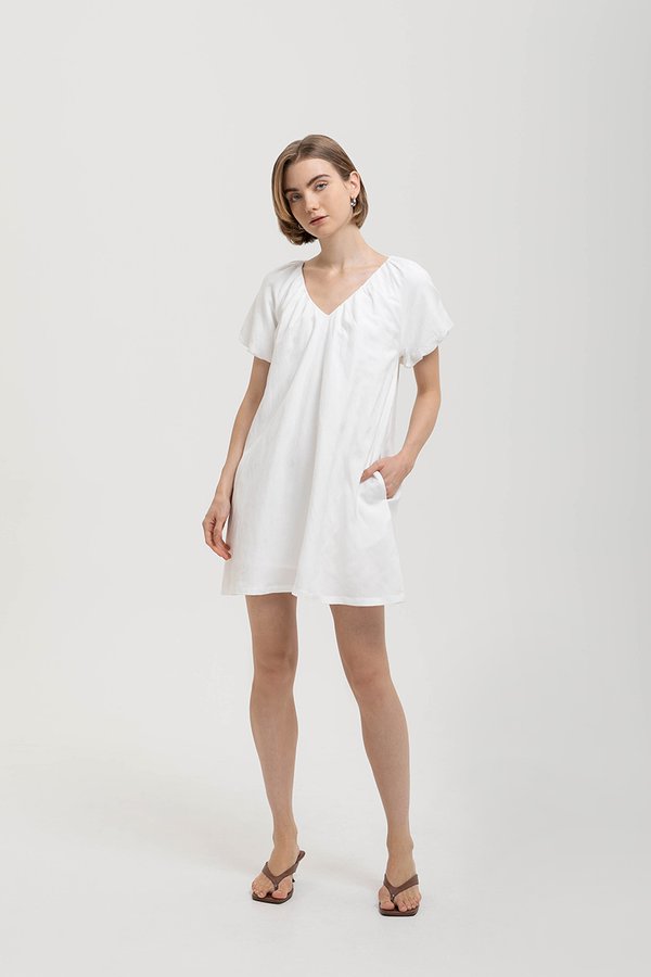 CHENTELLE PLEATED PUFF SLEEVES SHIFT LINEN DRESS