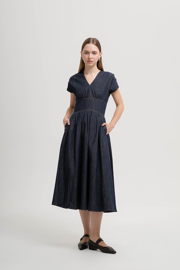 LIANA EMPIRE WAIST DENIM MIDI DRESS