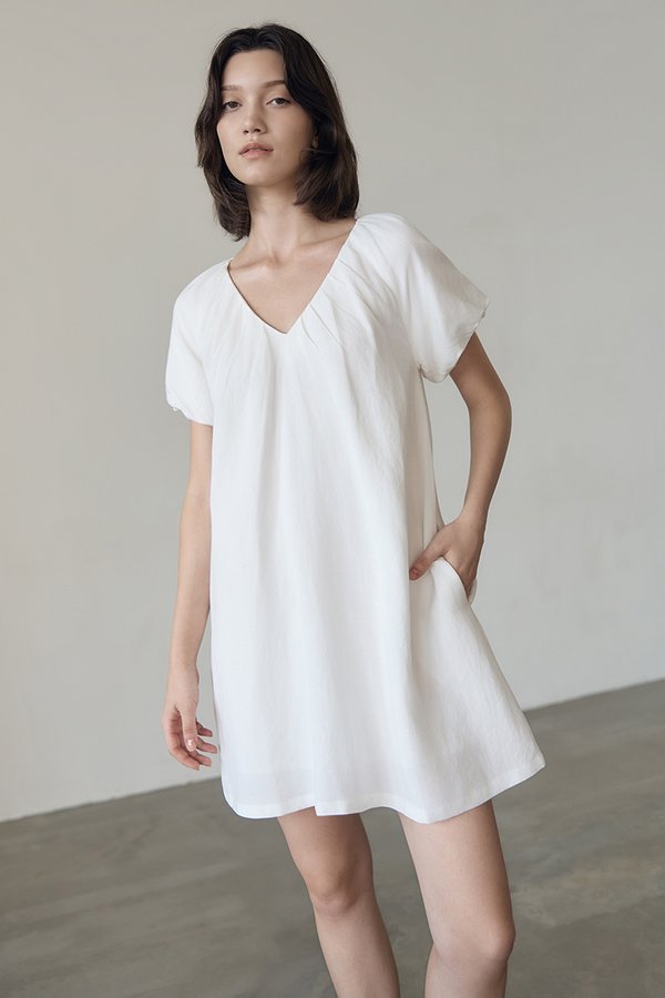 CHENTELLE PLEATED PUFF SLEEVES SHIFT LINEN DRESS