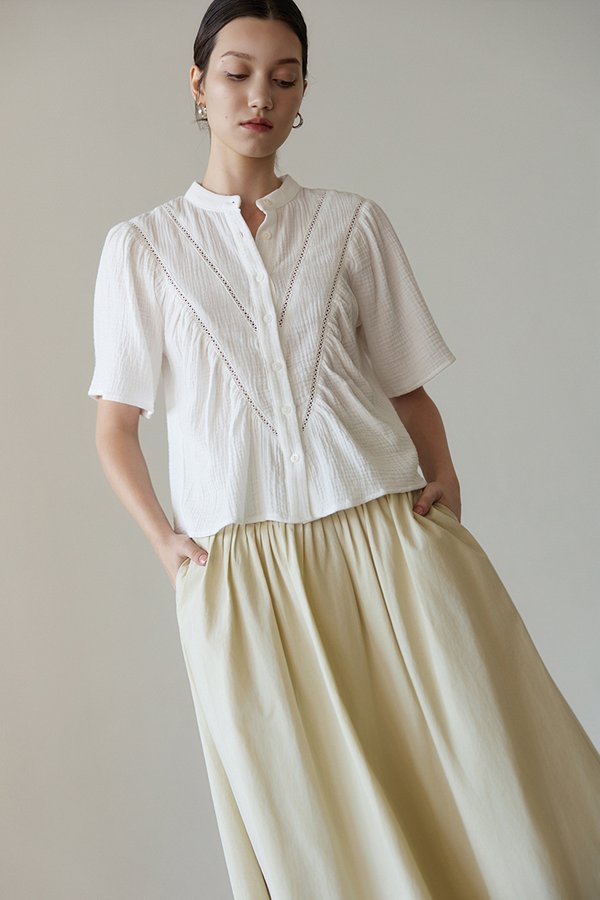 KEIYA BUTTONDOWN LACE TRIM MUSLIN TOP