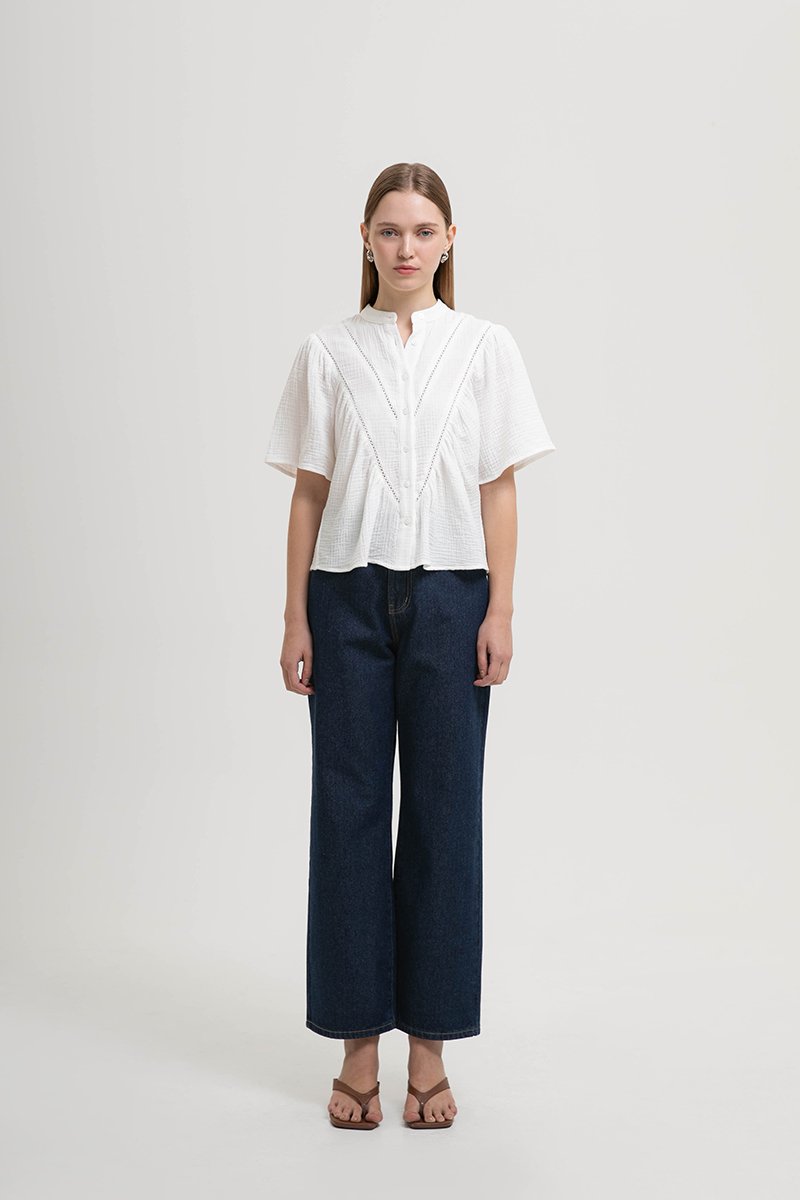 KEIYA BUTTONDOWN LACE TRIM MUSLIN TOP