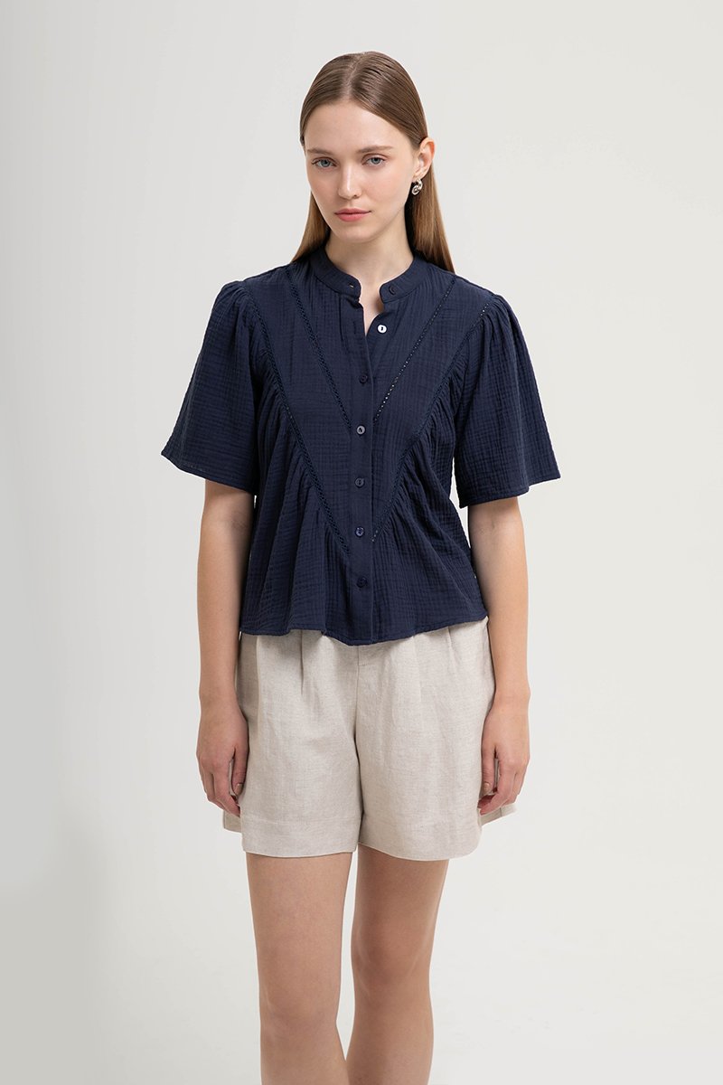 KEIYA BUTTONDOWN LACE TRIM MUSLIN TOP