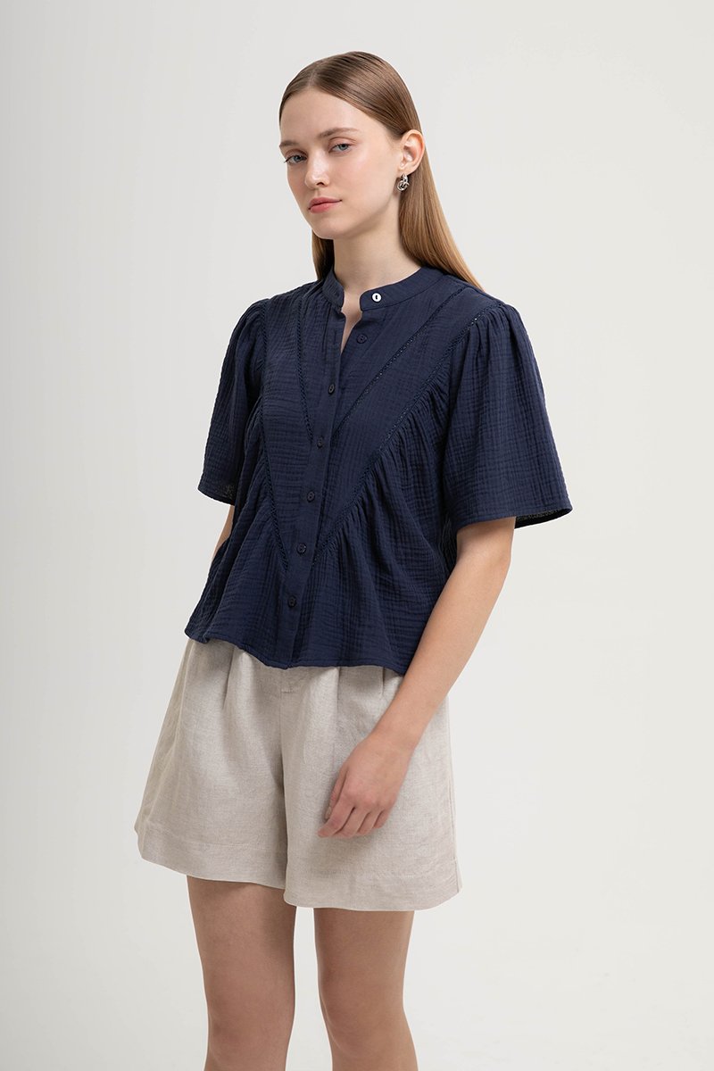 KEIYA BUTTONDOWN LACE TRIM MUSLIN TOP