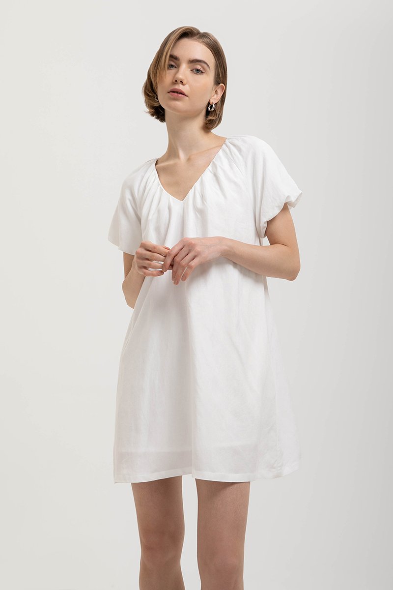 CHENTELLE PLEATED PUFF SLEEVES SHIFT LINEN DRESS