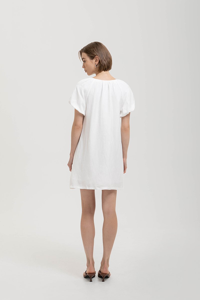 CHENTELLE PLEATED PUFF SLEEVES SHIFT LINEN DRESS