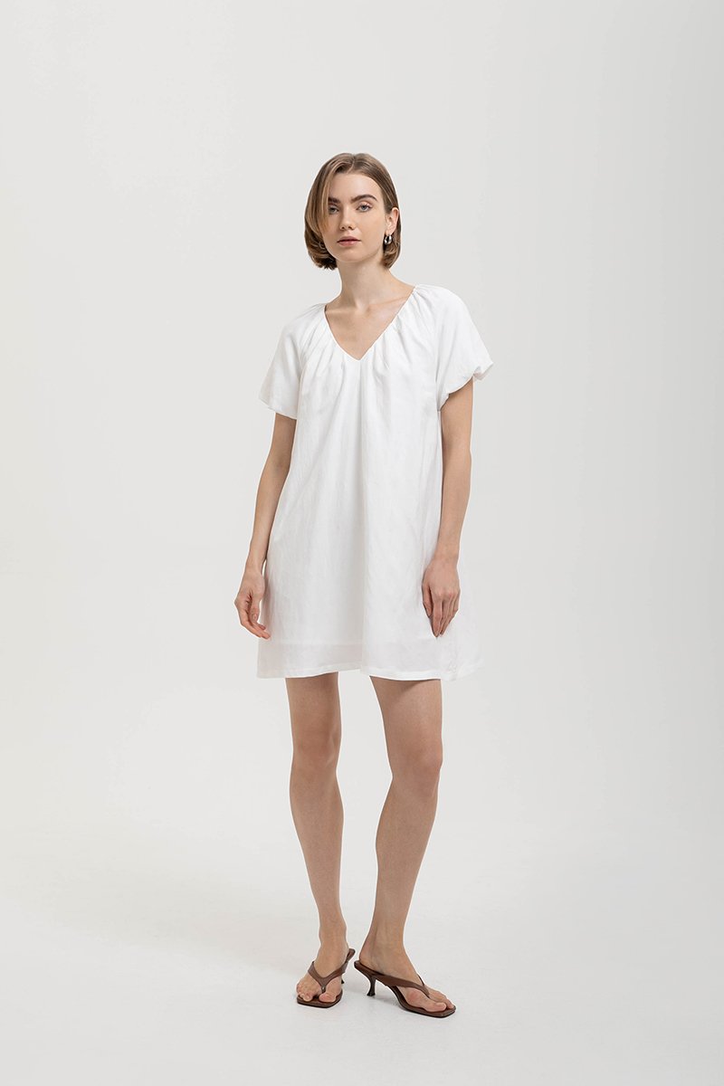 CHENTELLE PLEATED PUFF SLEEVES SHIFT LINEN DRESS