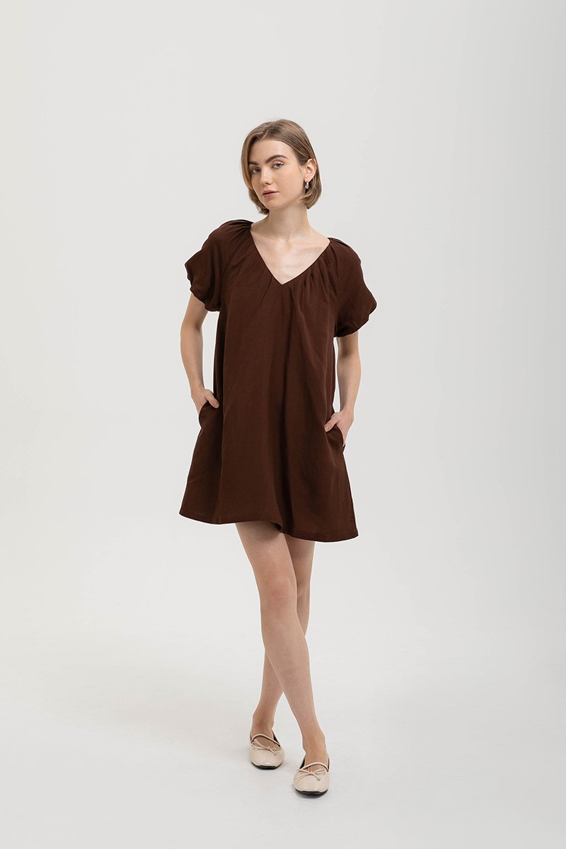 CHENTELLE PLEATED PUFF SLEEVES SHIFT LINEN DRESS