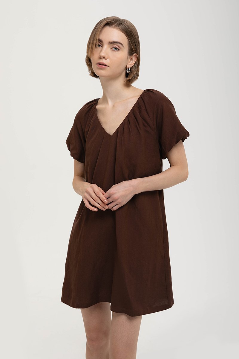 CHENTELLE PLEATED PUFF SLEEVES SHIFT LINEN DRESS