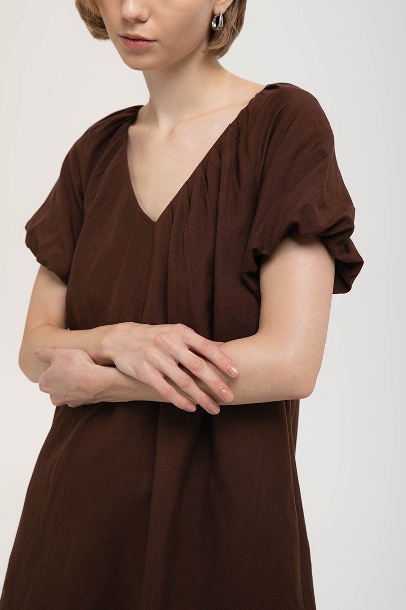 CHENTELLE PLEATED PUFF SLEEVES SHIFT LINEN DRESS