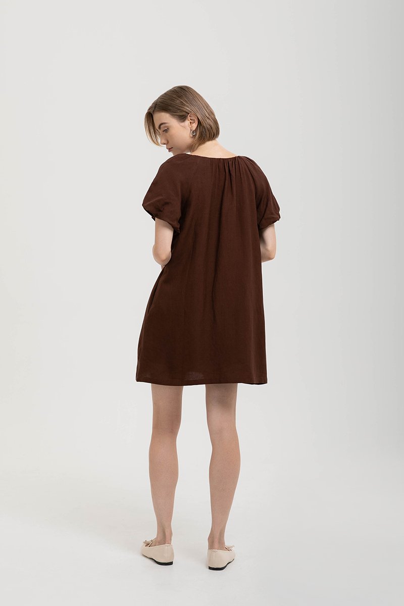 CHENTELLE PLEATED PUFF SLEEVES SHIFT LINEN DRESS