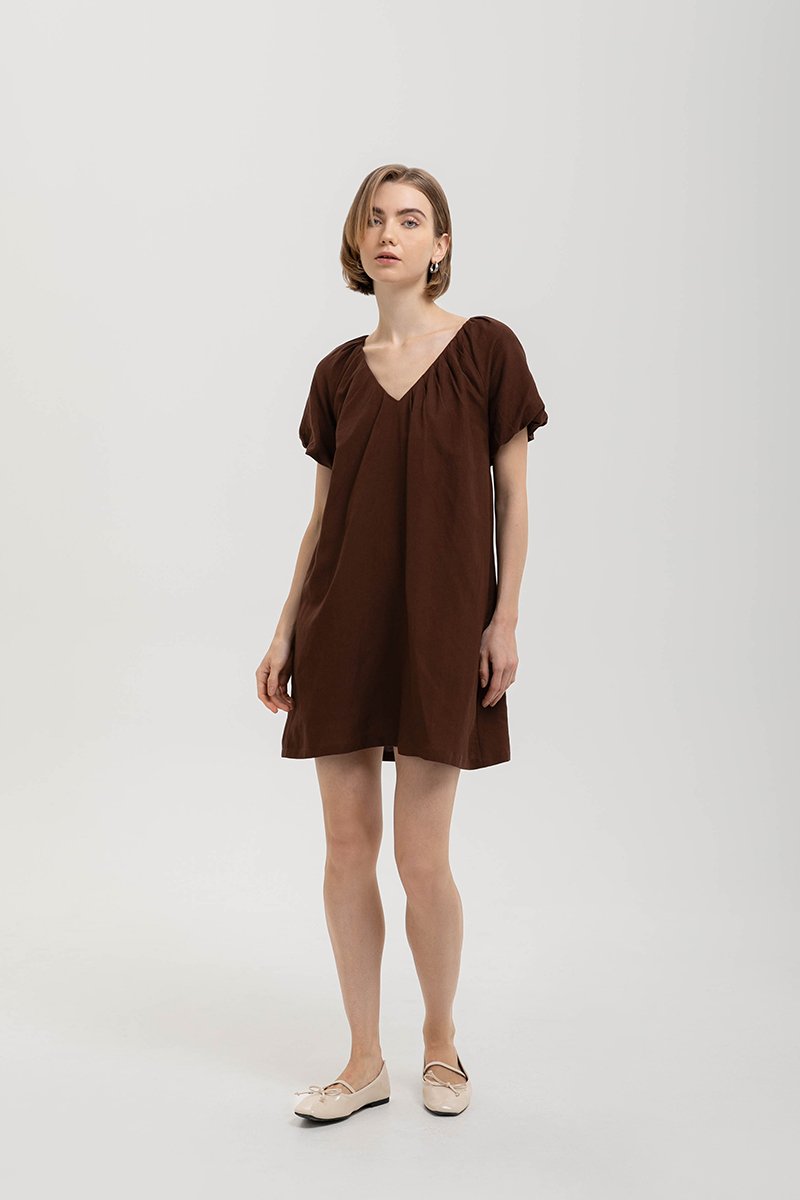 CHENTELLE PLEATED PUFF SLEEVES SHIFT LINEN DRESS