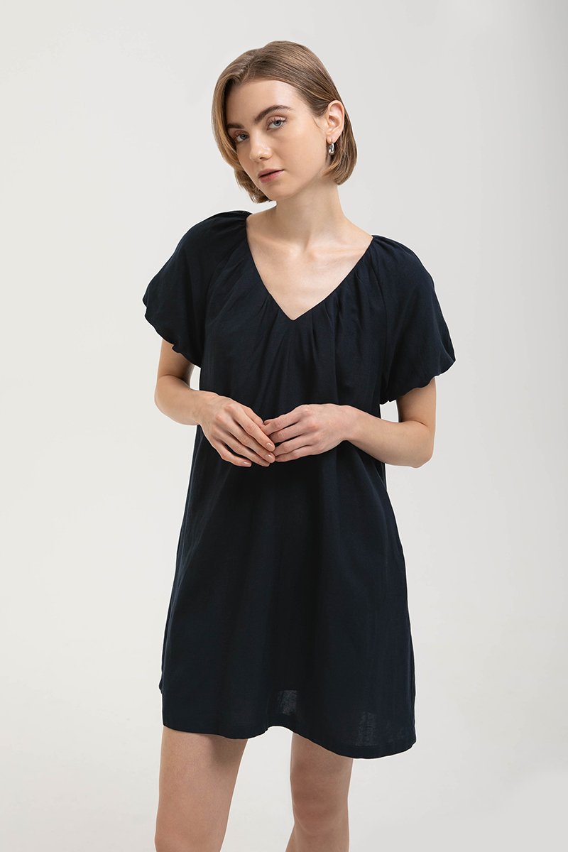 CHENTELLE PLEATED PUFF SLEEVES SHIFT LINEN DRESS