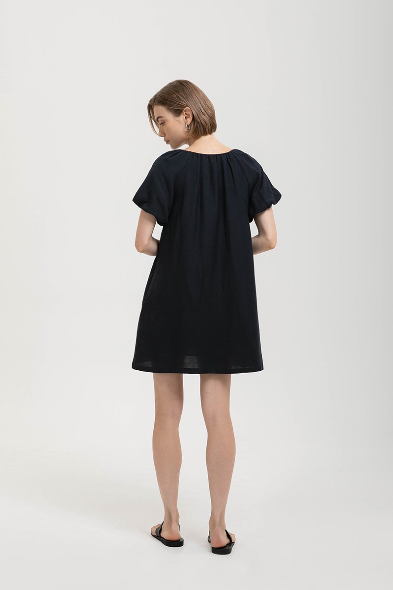 CHENTELLE PLEATED PUFF SLEEVES SHIFT LINEN DRESS