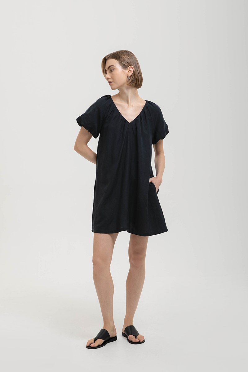 CHENTELLE PLEATED PUFF SLEEVES SHIFT LINEN DRESS