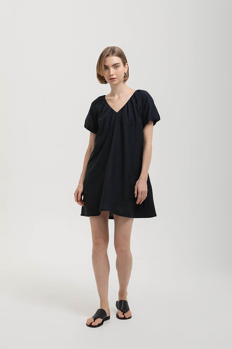 CHENTELLE PLEATED PUFF SLEEVES SHIFT LINEN DRESS
