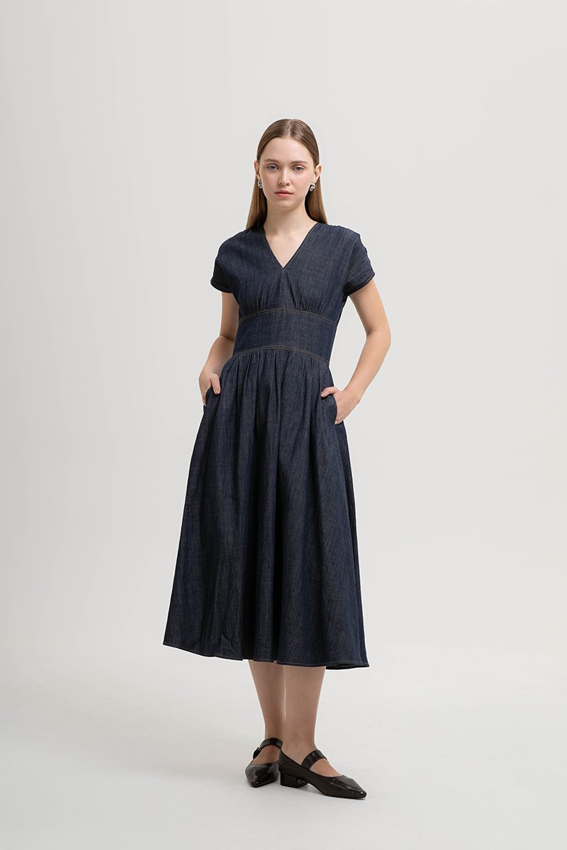LIANA EMPIRE WAIST DENIM MIDI DRESS