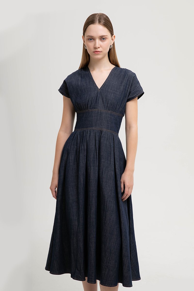 LIANA EMPIRE WAIST DENIM MIDI DRESS