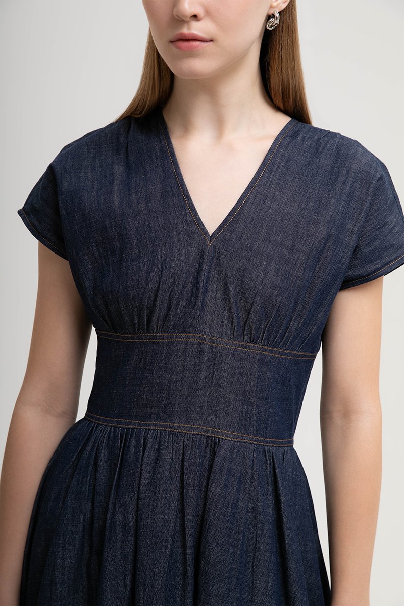 LIANA EMPIRE WAIST DENIM MIDI DRESS