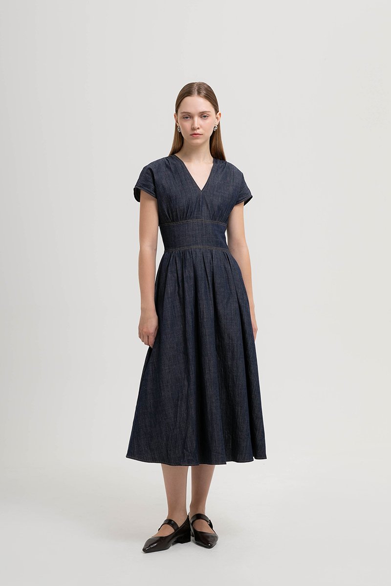 LIANA EMPIRE WAIST DENIM MIDI DRESS