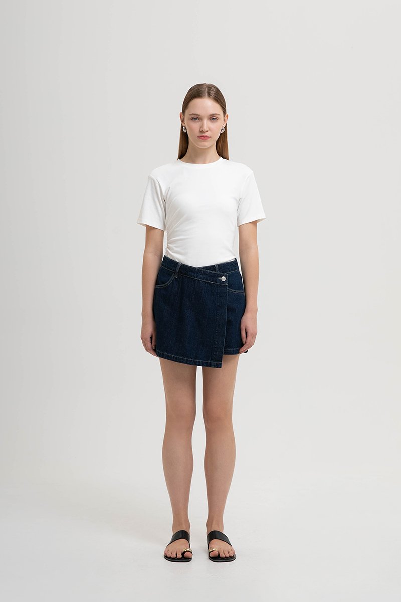 RHODE MID RISE ASYMMETRIC DENIM SKORT