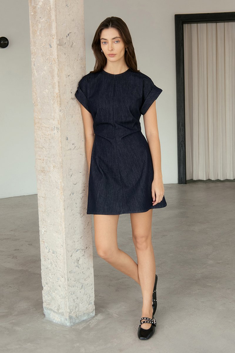 KRISTINA RUCHED DENIM DRESS