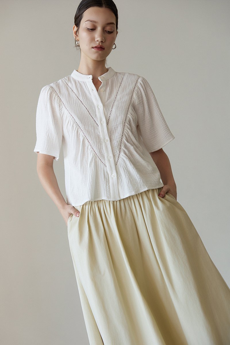 KEIYA BUTTONDOWN LACE TRIM MUSLIN TOP