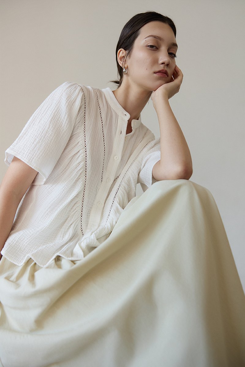 KEIYA BUTTONDOWN LACE TRIM MUSLIN TOP