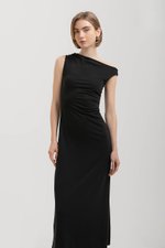 JANEY ASYMMETRIC RUCHED MIDI DRESS
