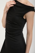 JANEY ASYMMETRIC RUCHED MIDI DRESS