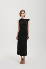 JANEY ASYMMETRIC RUCHED MIDI DRESS
