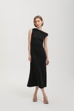 JANEY ASYMMETRIC RUCHED MIDI DRESS