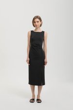 NORA RUCHED WAIST SHEATH MIDI DRESS