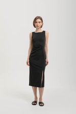 NORA RUCHED WAIST SHEATH MIDI DRESS
