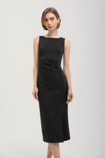 NORA RUCHED WAIST SHEATH MIDI DRESS