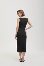 NORA RUCHED WAIST SHEATH MIDI DRESS