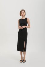 NORA RUCHED WAIST SHEATH MIDI DRESS