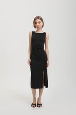 NORA RUCHED WAIST SHEATH MIDI DRESS