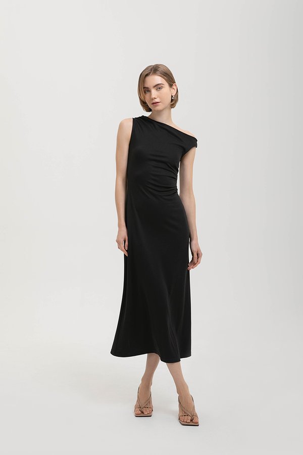 JANEY ASYMMETRIC RUCHED MIDI DRESS
