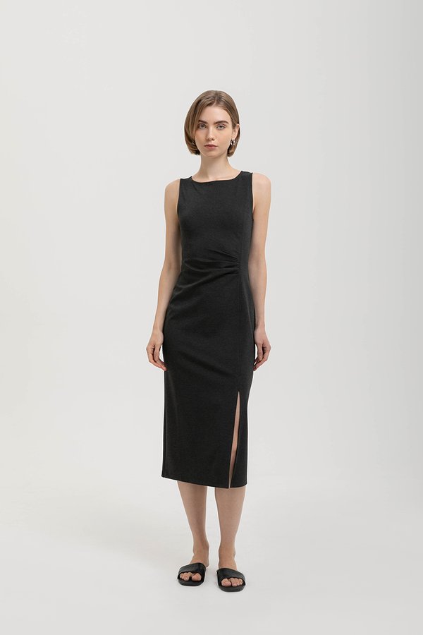 NORA RUCHED WAIST SHEATH MIDI DRESS