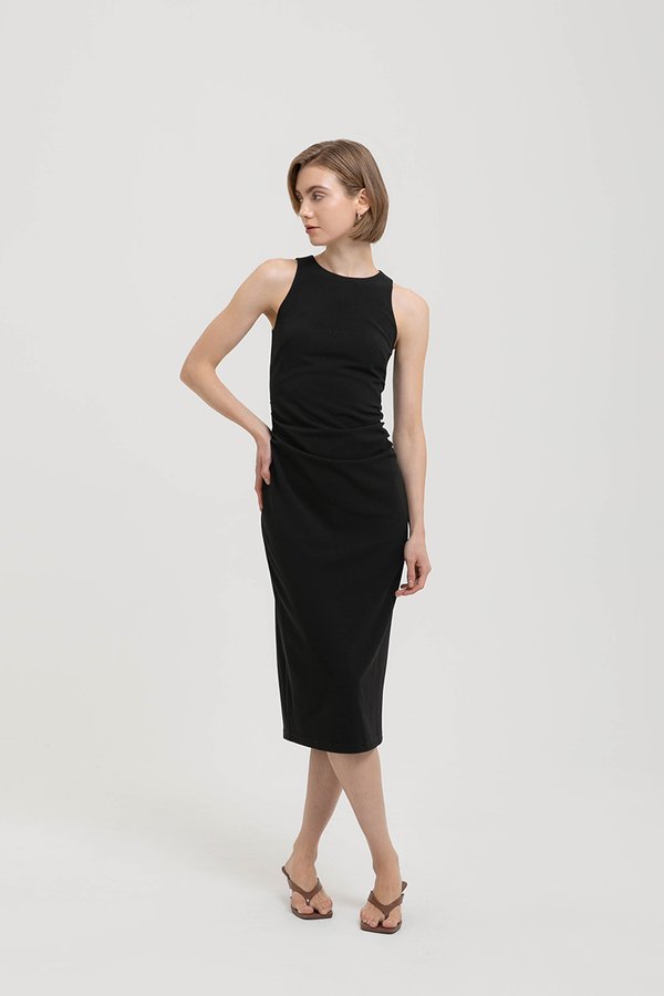 KELSIE RACER NECK RUCHED MIDI DRESS