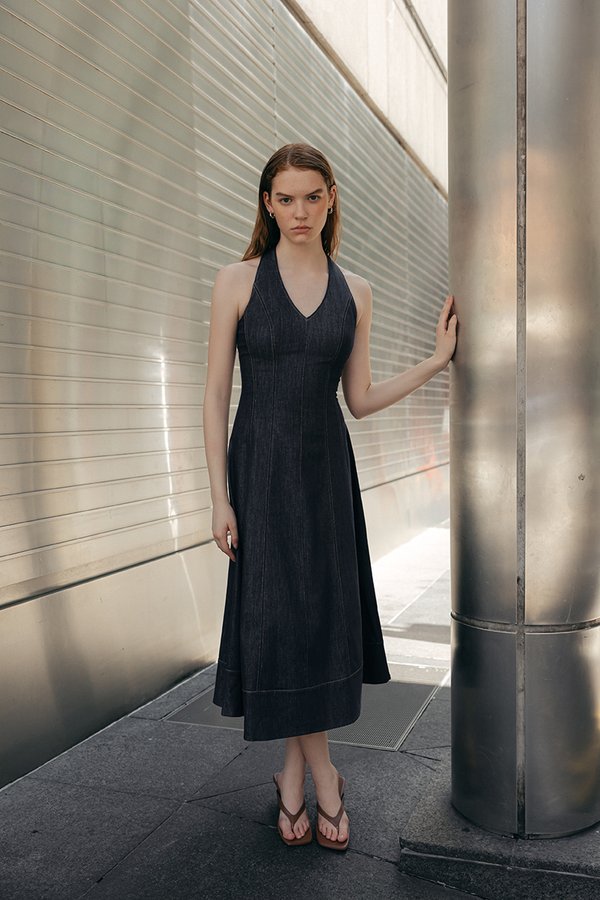 TAMARA HALTER PANELLED DENIM DRESS