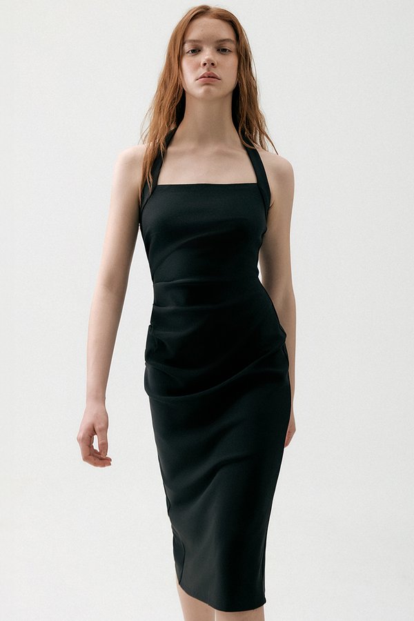 ADELINE HALTER RUCHED MIDI DRESS