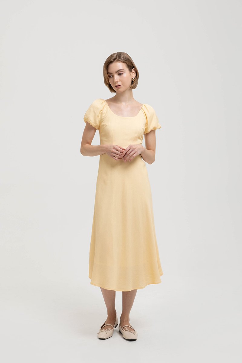 JOLINA PUFF SLEEVES BIAS LINEN DRESS