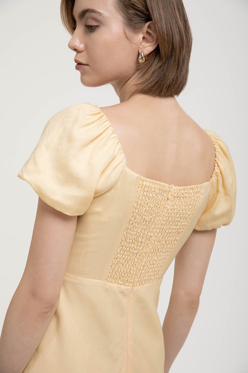 JOLINA PUFF SLEEVES BIAS LINEN DRESS