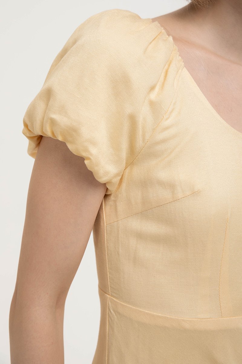 JOLINA PUFF SLEEVES BIAS LINEN DRESS