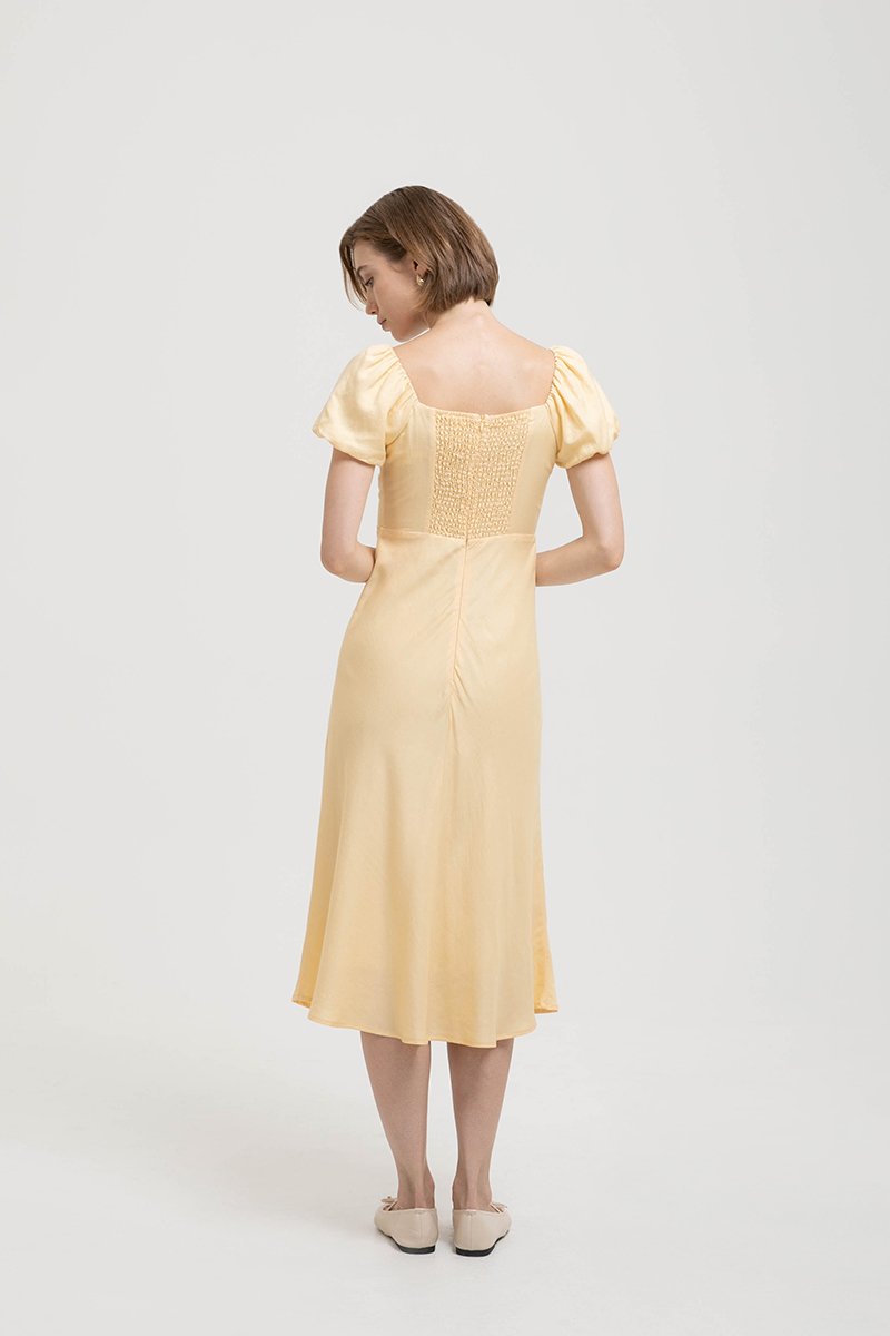 JOLINA PUFF SLEEVES BIAS LINEN DRESS