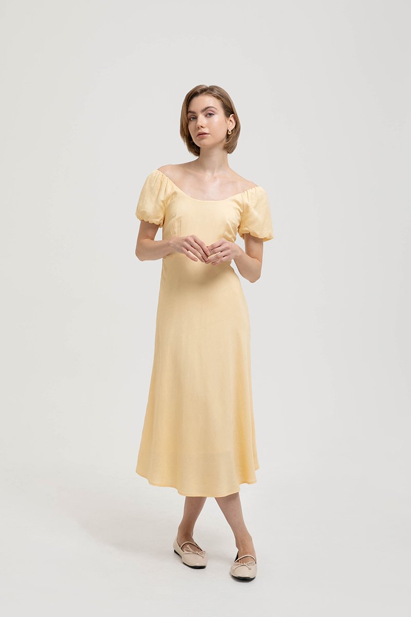 JOLINA PUFF SLEEVES BIAS LINEN DRESS