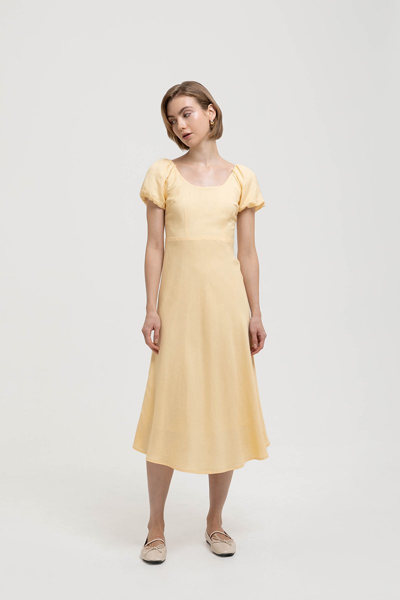 JOLINA PUFF SLEEVES BIAS LINEN DRESS